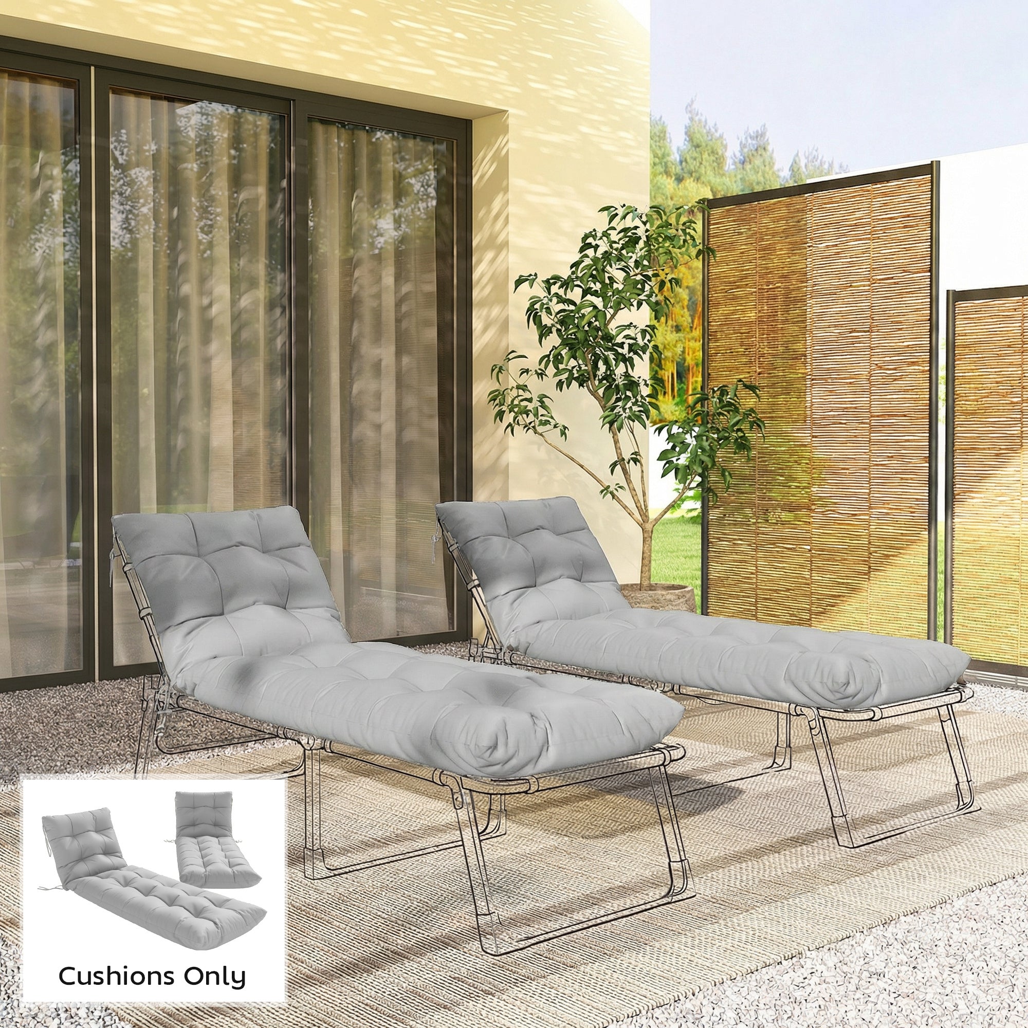 Outsunny Sun Lounger Cushions Only, Garden Lounge Chair Cushions Set of 2, Sunbed Replacement Pads with 4 Ties, Light Grey 