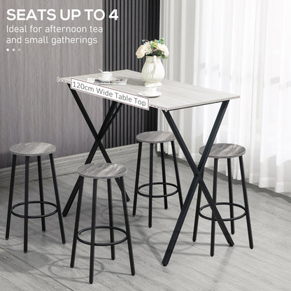 HOMCOM 120 cm Rectangular Bar Table for 4 People, Modern Kitchen Table with Wood Effect Tabletop, Steel Legs, for Living Room, Home Bar, White 