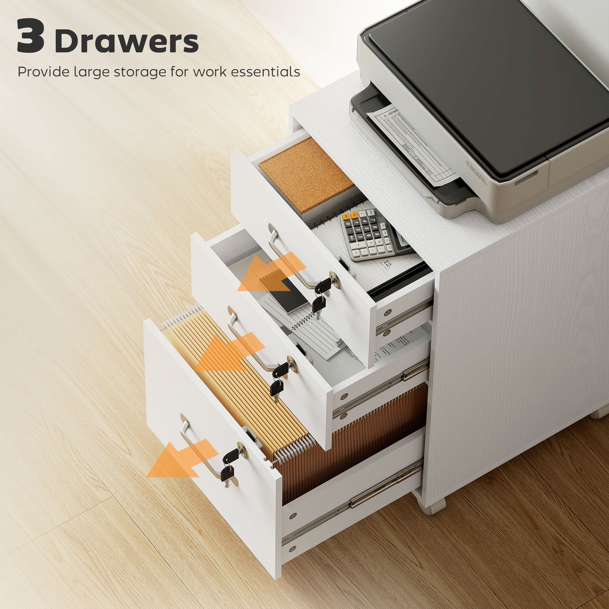 HOMCOM Three Drawer Wood-Effect Filing Cabinet - White 