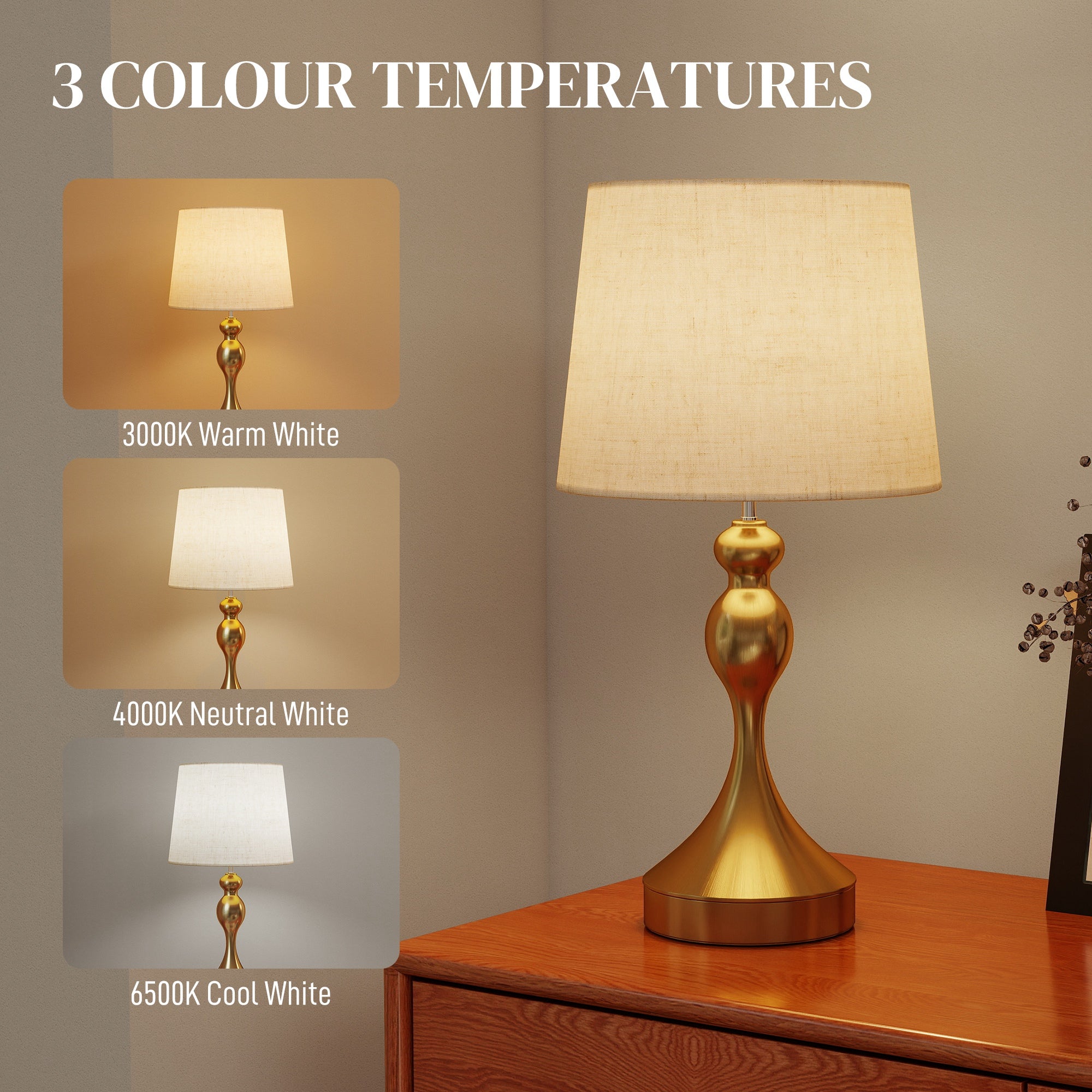 HOMCOM Dimmable Bedside Lamps Set of 2, Modern Table Lamps with 3 Colour Temperatures, USB A+C Charging Ports and Linen Shade for Living Room Bedroom Office, Gold Tone 