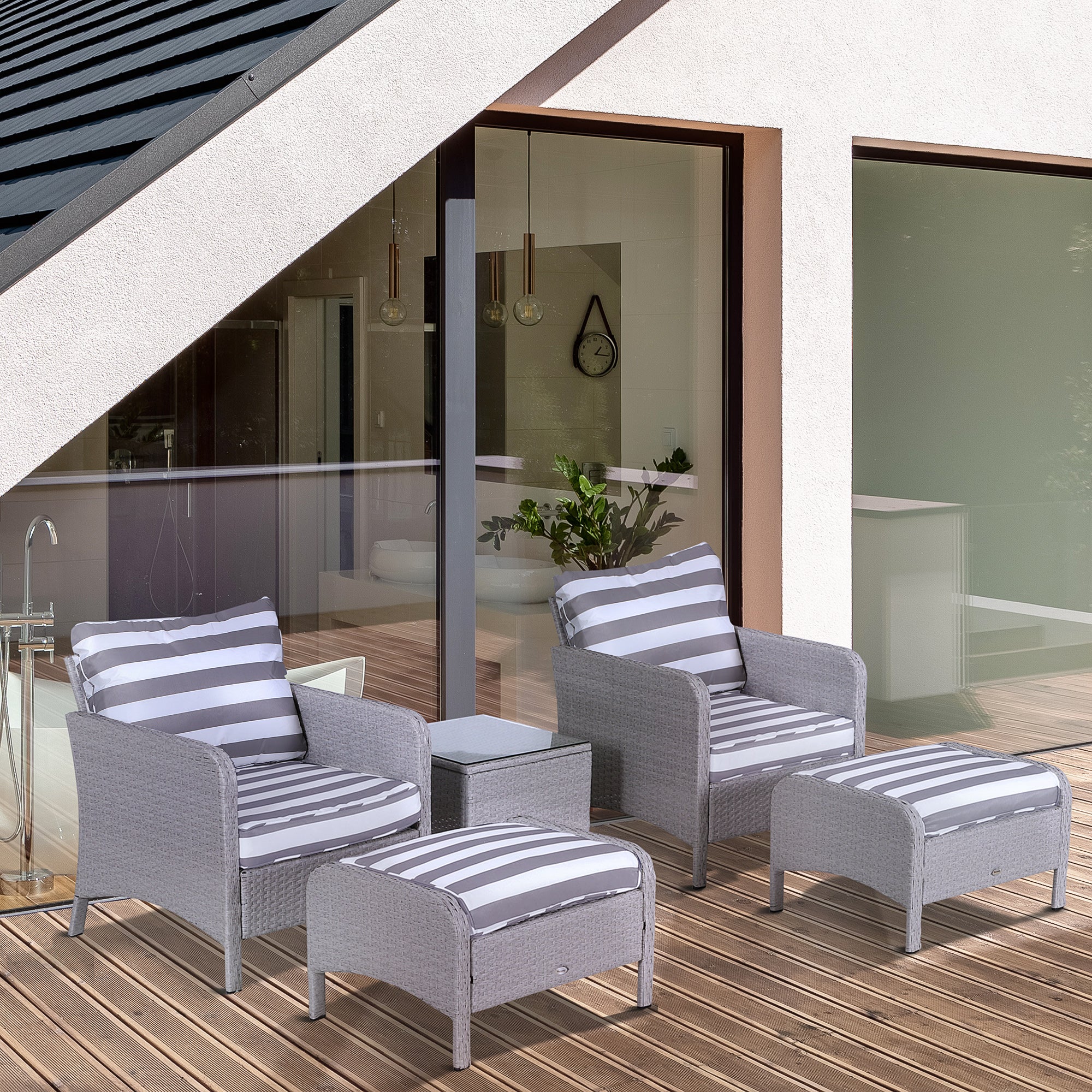 Outsunny 5 Pieces PE Rattan Garden Furniture Set with 10cm Thick Padded Cushions, Wicker Weave Outdoor Seating Chairs with 2 Armchairs, 2 Stools, Glass Top Table, Grey and White 