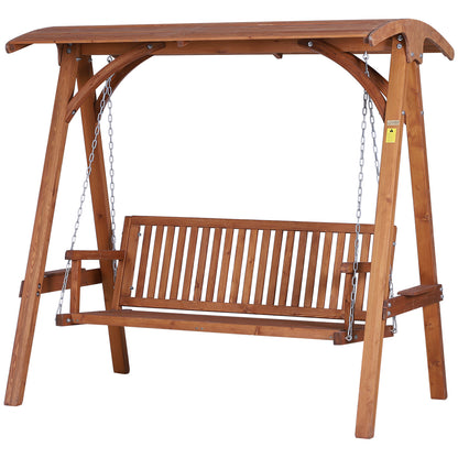 Outsunny 3 Seater Garden Swing Seat Wooden Swing Chair Hammock Bench Lounger with Canopy, Natural 