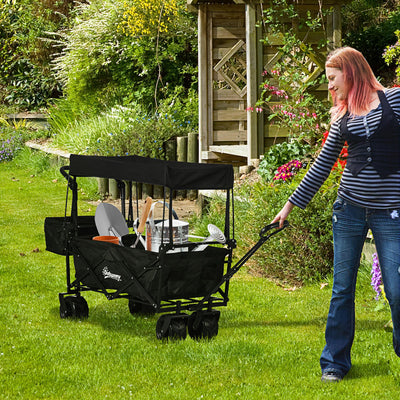 Outsunny Folding Trolley Cart Storage Wagon Beach Trailer 4 Wheels with Handle Overhead Canopy Cart Push Pull for Camping, Black 