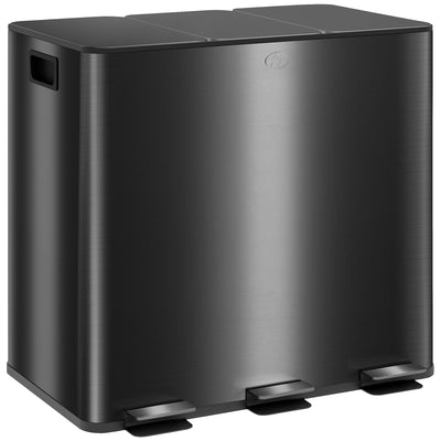 HOMCOM 3 x 15L Pedal Bin, Steel Triple Kitchen Bin with Soft Close Lid, Removable Inner Buckets, Fingerprint-Proof, Black 