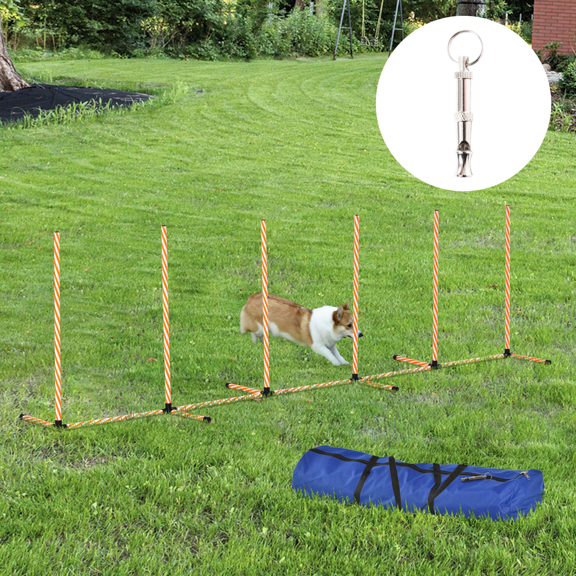 PawHut Dog Agility Equipment Pet Outdoor Training Play Run Obstacle w/ 6 Weaves Poles Whistle Carrying Bag 