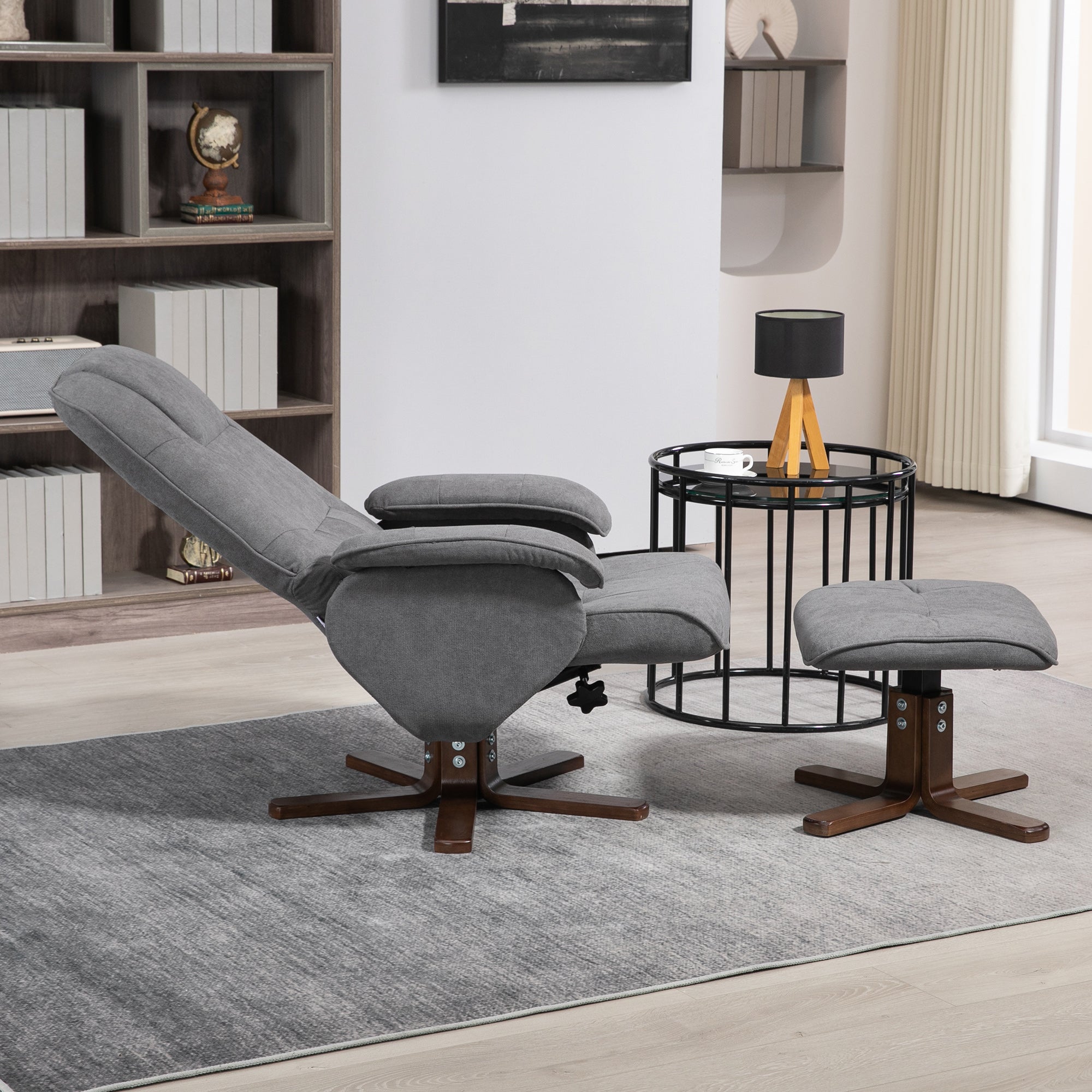 HOMCOM Linen Swivel Recliner Chair with Footstool, Upholstered Reclining Armchair with Wooden Base for Living Room, Grey 