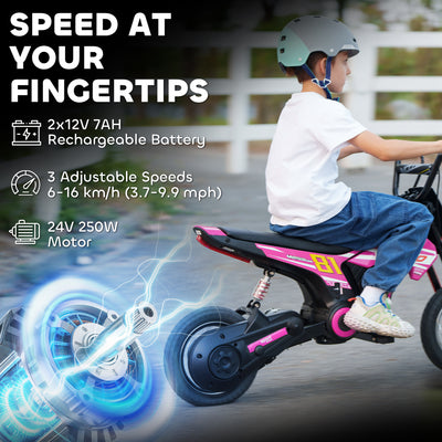 AIYAPLAY Kids Electric Motorbike, 24V Ride On Motorcycle with 3 Speeds and Rear Suspension, Dirt Bike for 8-12 Years Old, Pink 