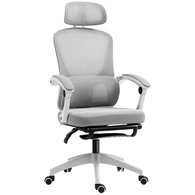 HOMCOM Ergonomic Office Chair, Mesh High Back Desk Chair with Adjustable Lumbar Support and Headrest, Footrest, Reclining Executive Swivel Computer Chair for Home Study, Grey 