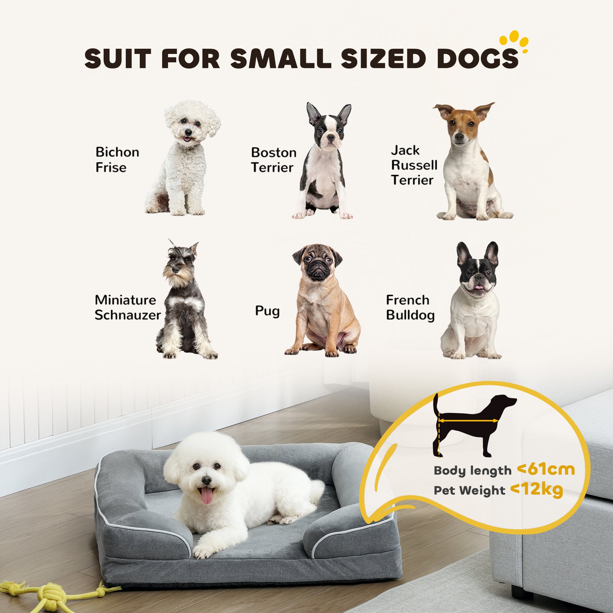 PawHut Dog Sofa Bed, Washable Pet Bed with Removable Cover and Non-Slip Bottom for Cats and Small Dogs, Grey 