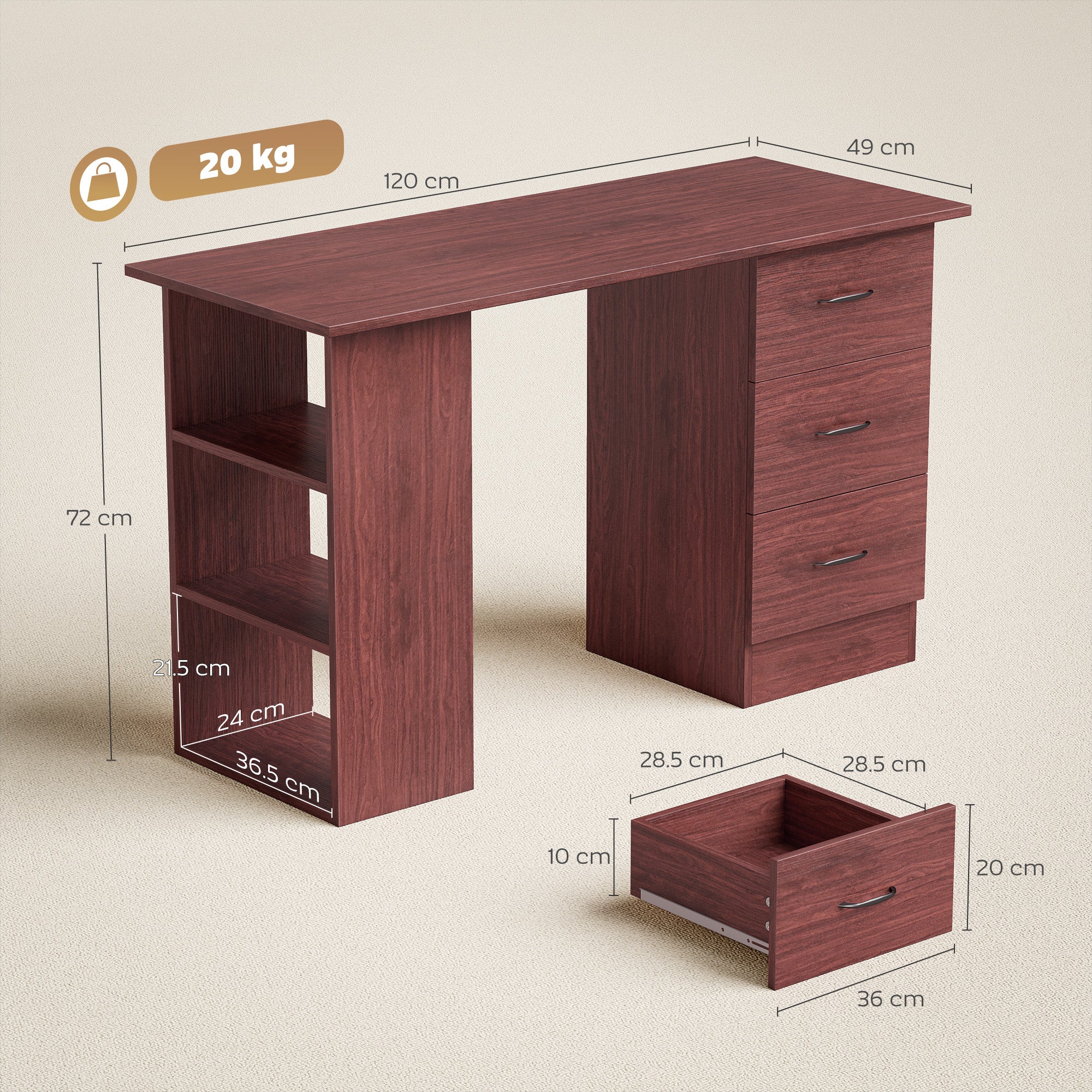 HOMCOM Computer Desk, Writing Table, PC Workstation with 3 Storage Shelves and Drawers, Handle, for Home Office, Walnut Brown 