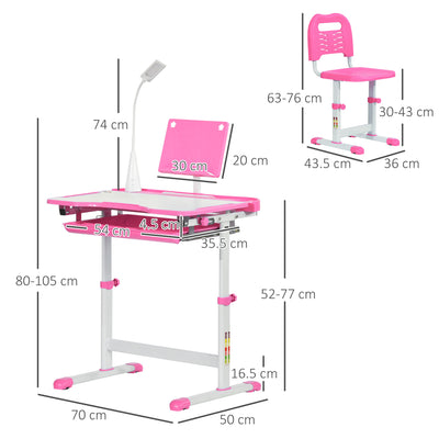HOMCOM Kids Study Desk and Chair Set w/ Adjustable Height, Storage, Drawer, Pink 