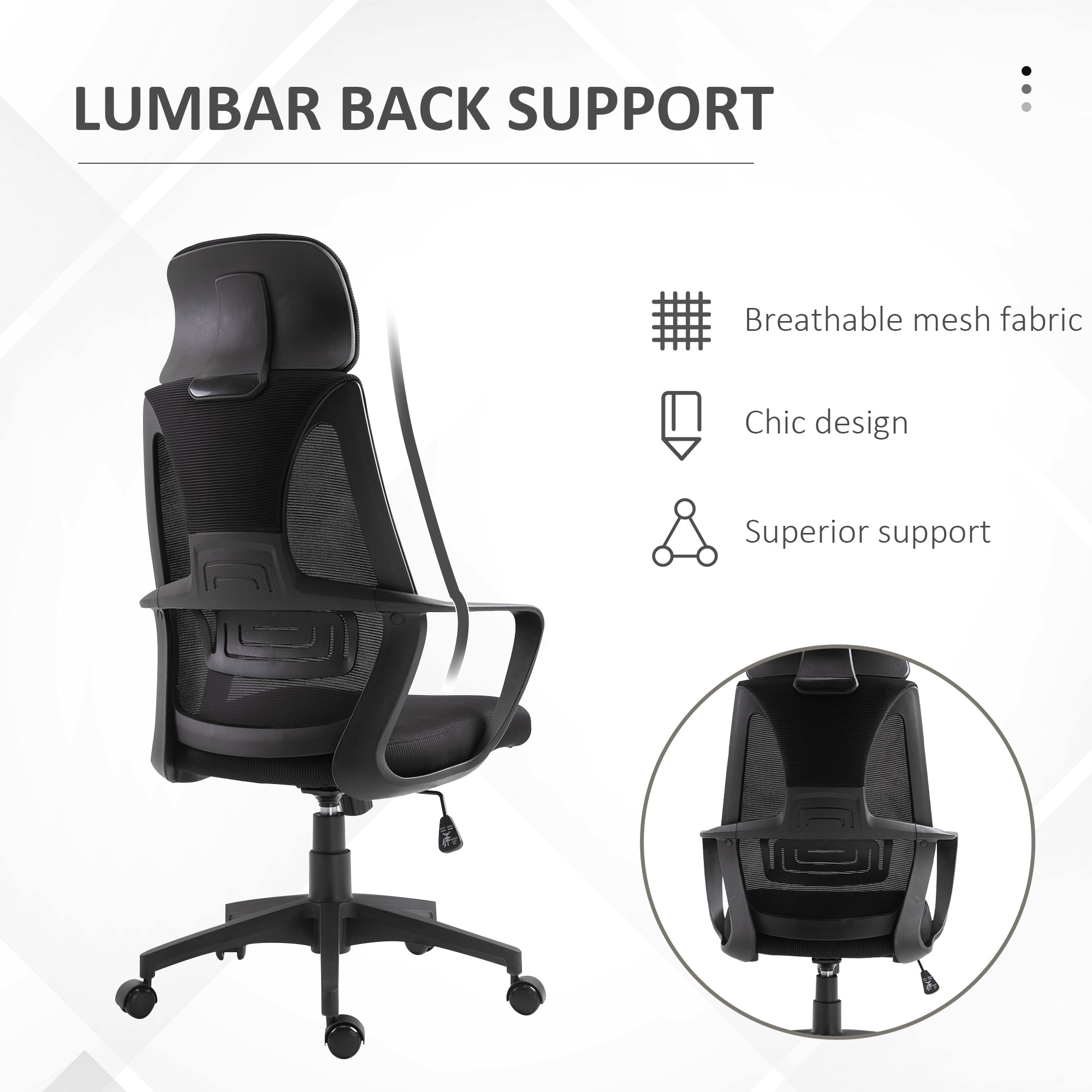 Vinsetto Ergonomic Office Chair, High Back Computer Chair, Mesh Desk Chair with Lumbar Support, Headrest, Wheel, Adjustable Height, Black 