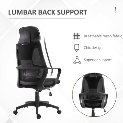 Vinsetto Ergonomic Office Chair, High Back Computer Chair, Mesh Desk Chair with Lumbar Support, Headrest, Wheel, Adjustable Height, Black 