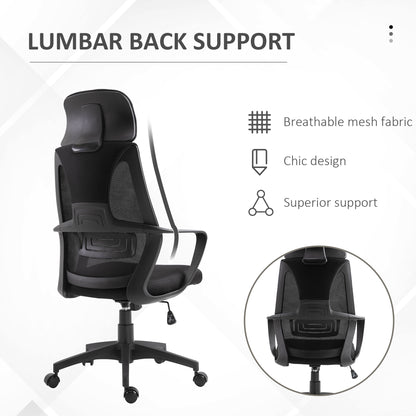 Vinsetto Ergonomic Office Chair, High Back Computer Chair, Mesh Desk Chair with Lumbar Support, Headrest, Wheel, Adjustable Height, Black 