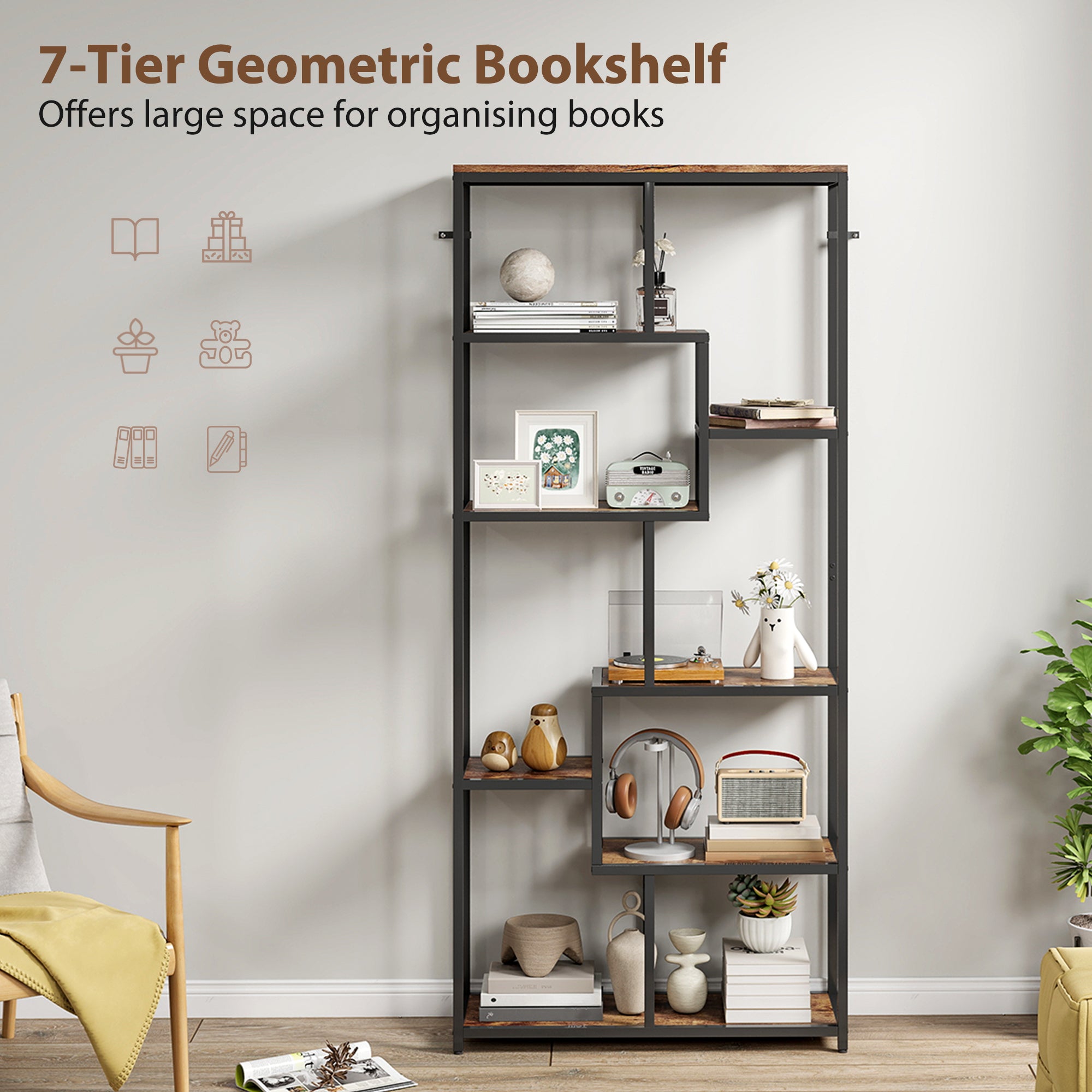 HOMCOM Seven-Tier Geometric Bookcase - Brown/Black 