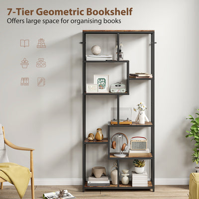 HOMCOM Seven-Tier Geometric Bookcase - Brown/Black 