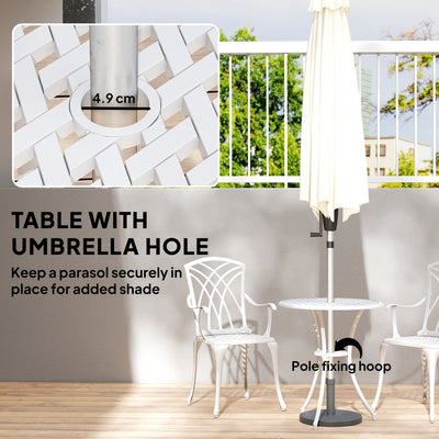 Outsunny 3 Pieces Garden Bistro Set, Cast Aluminium Outdoor Dining Set with 2 Chairs and Round Table with Parasol Hole, White 