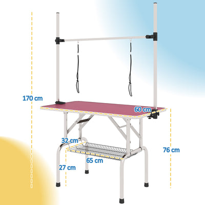 PawHut 42" Dog Grooming Table, Adjustable Pet Cat Drying Beauty Table with 2 Loops Storage Basket, Rubber Top, Pink 