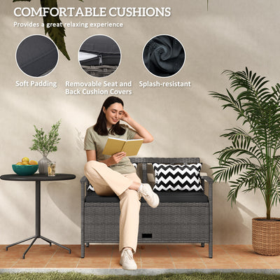 Outsunny 160L Storage Two-Seater Rattan Bench - Grey 