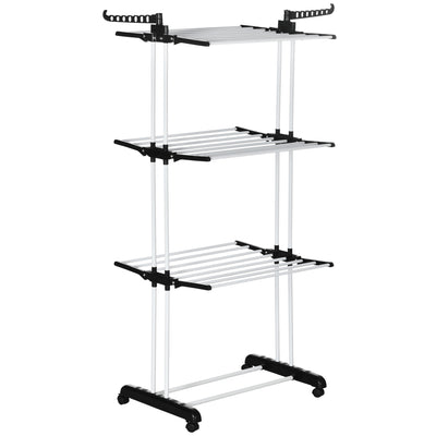 HOMCOM Foldable Clothes Drying Rack, 4-Tier Steel Garment Laundry Rack with Castors for Indoor and Outdoor Use, Black 