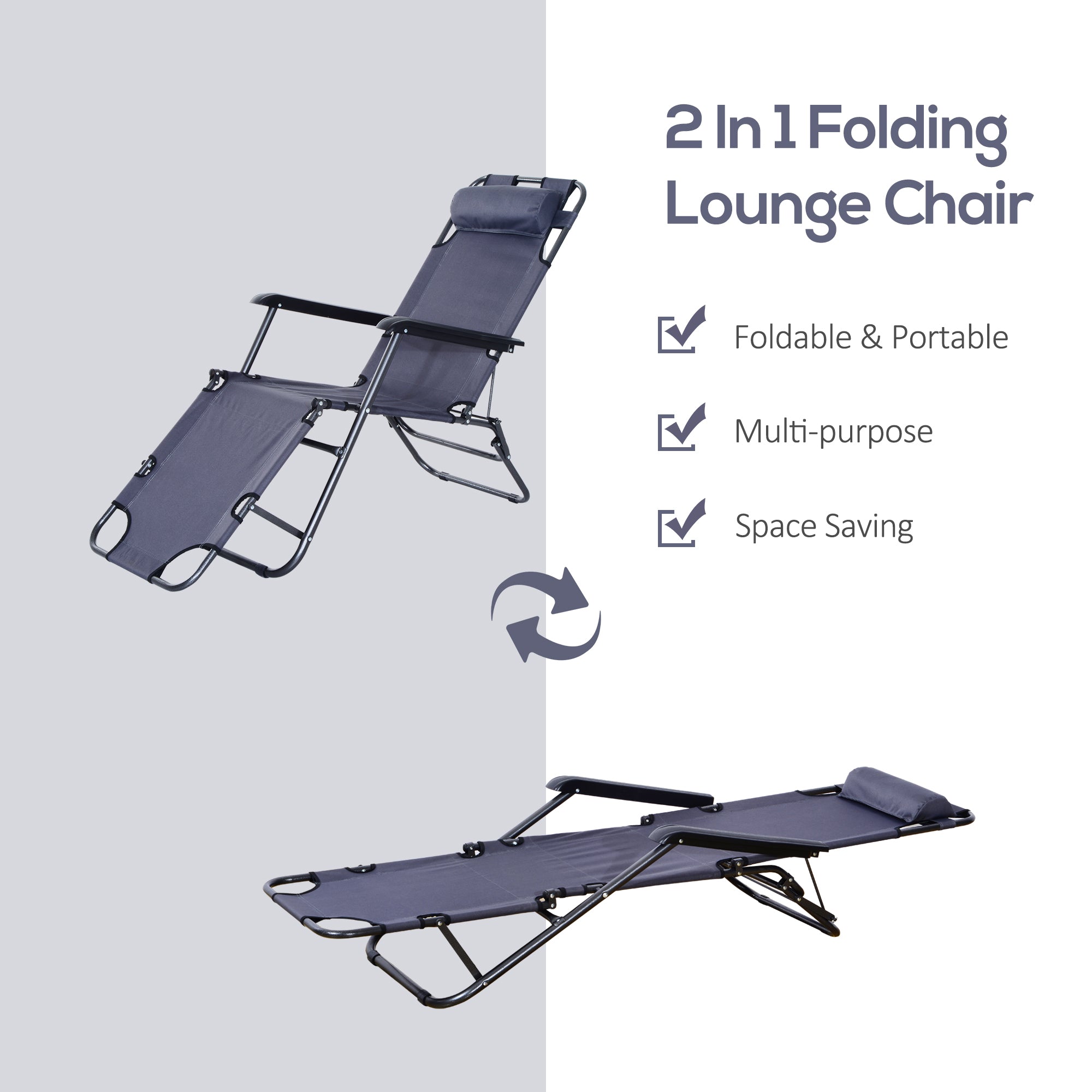 Outsunny 2 in 1 Sun Lounger Folding Reclining Chair Garden Outdoor Camping Adjustable Back with Pillow, Grey 