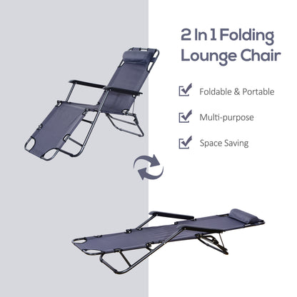 Outsunny 2 in 1 Sun Lounger Folding Reclining Chair Garden Outdoor Camping Adjustable Back with Pillow, Grey 