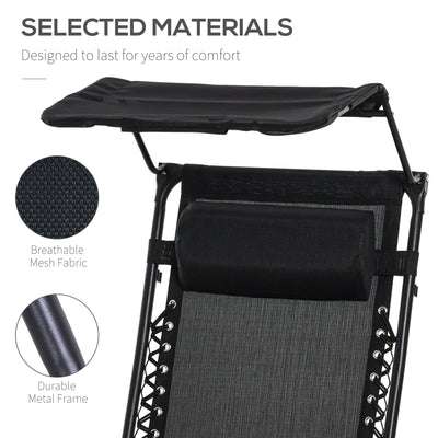 Outsunny 2 Piece Foldable Reclining Garden Chair with Headrest, Zero Gravity Deck Sun Lounger Seat Chair with Footrest, Armrest, Cup Holder & Canopy Shade, Black 