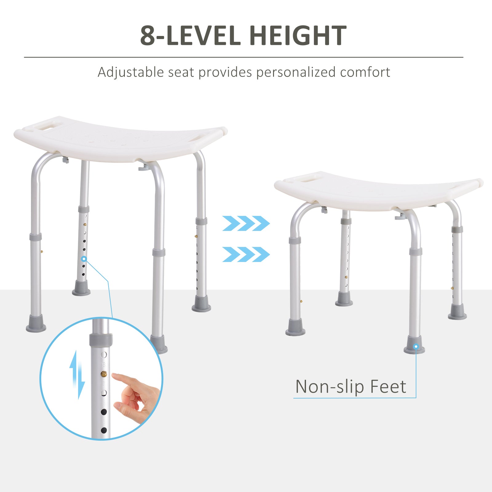 HOMCOM Height Adjustable Bath Stool, Aluminium Shower Stool with Non-Slip Pads for Elderly, Disabled, Seniors, Pregnant, White 