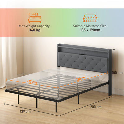 HOMCOM Floating Bed Frame, Upholstered 4ft6 Double Size Bed, Platform Bed with RGB LED Lights and Charging Station, Grey 