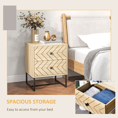 HOMCOM Bedside Table Nightstand Two-Drawer Bedroom Storage Unit Zig Zag Design with Black Metal Handles, Natural 