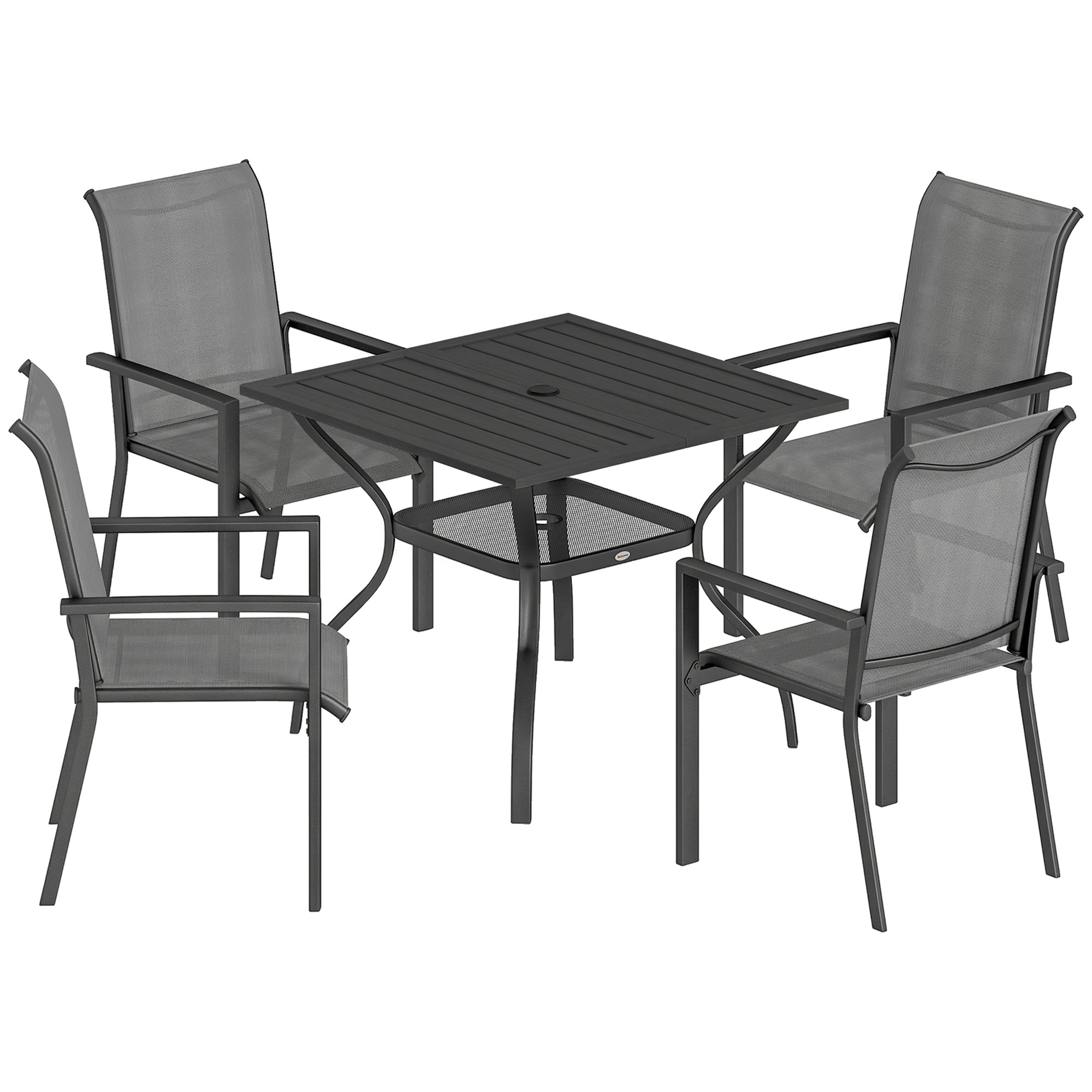 Outsunny 5 Pieces Outdoor Dining Set for 4, Garden Table and Stackable Chairs with Breathable Mesh Seat and Parasol Hole, Grey 