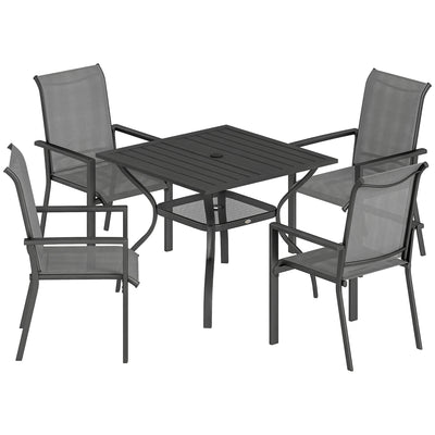 Outsunny 5 Pieces Outdoor Dining Set for 4, Garden Table and Stackable Chairs with Breathable Mesh Seat and Parasol Hole, Grey 