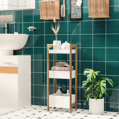 HOMCOM 3-Tier Bathroom Rack Storage Shelf Bamboo Organiser Shower Tower for Narrow Place 