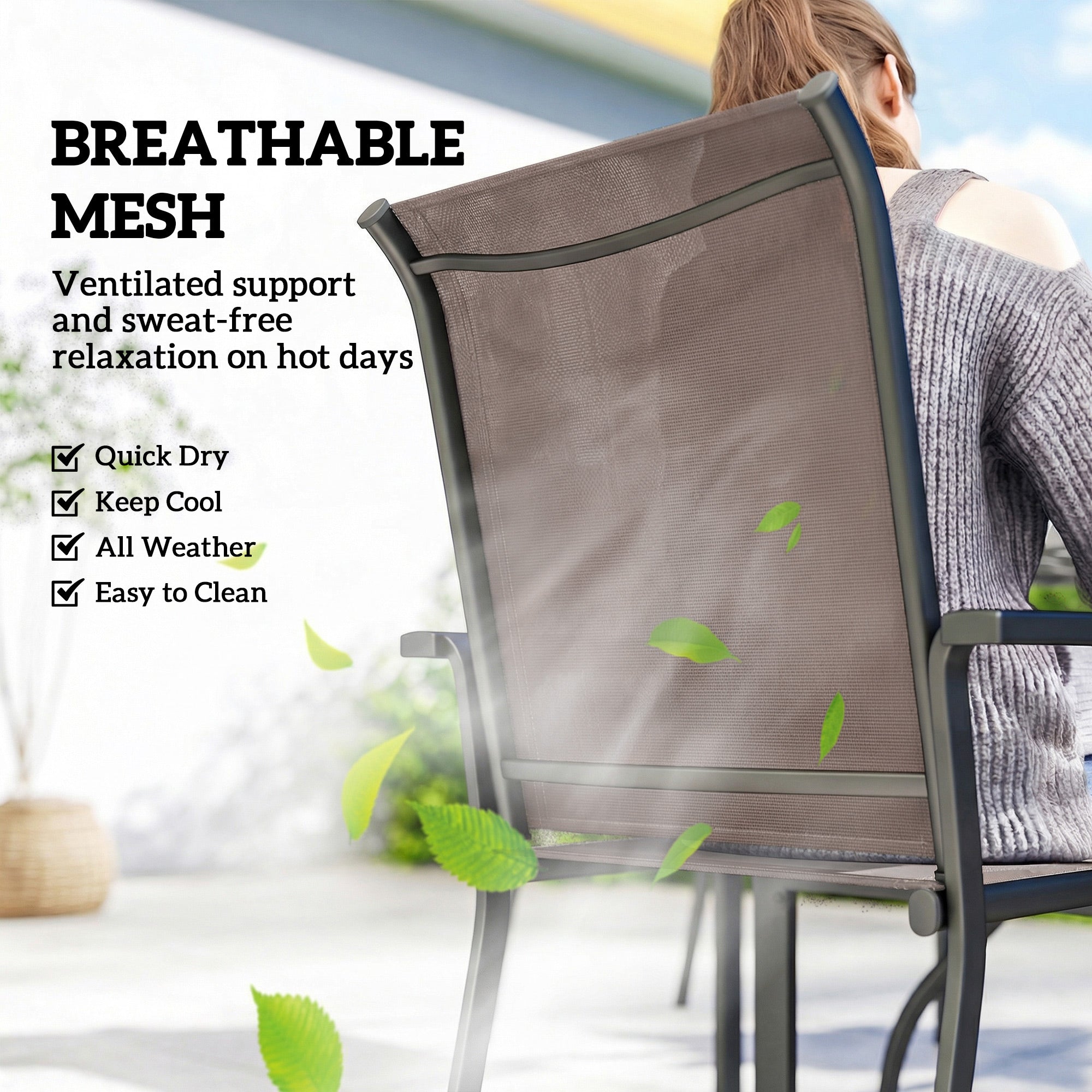 Outsunny 5 Pieces Outdoor Dining Set for 4, Garden Table and Stackable Chairs with Breathable Mesh Seat, Grey and Khaki 