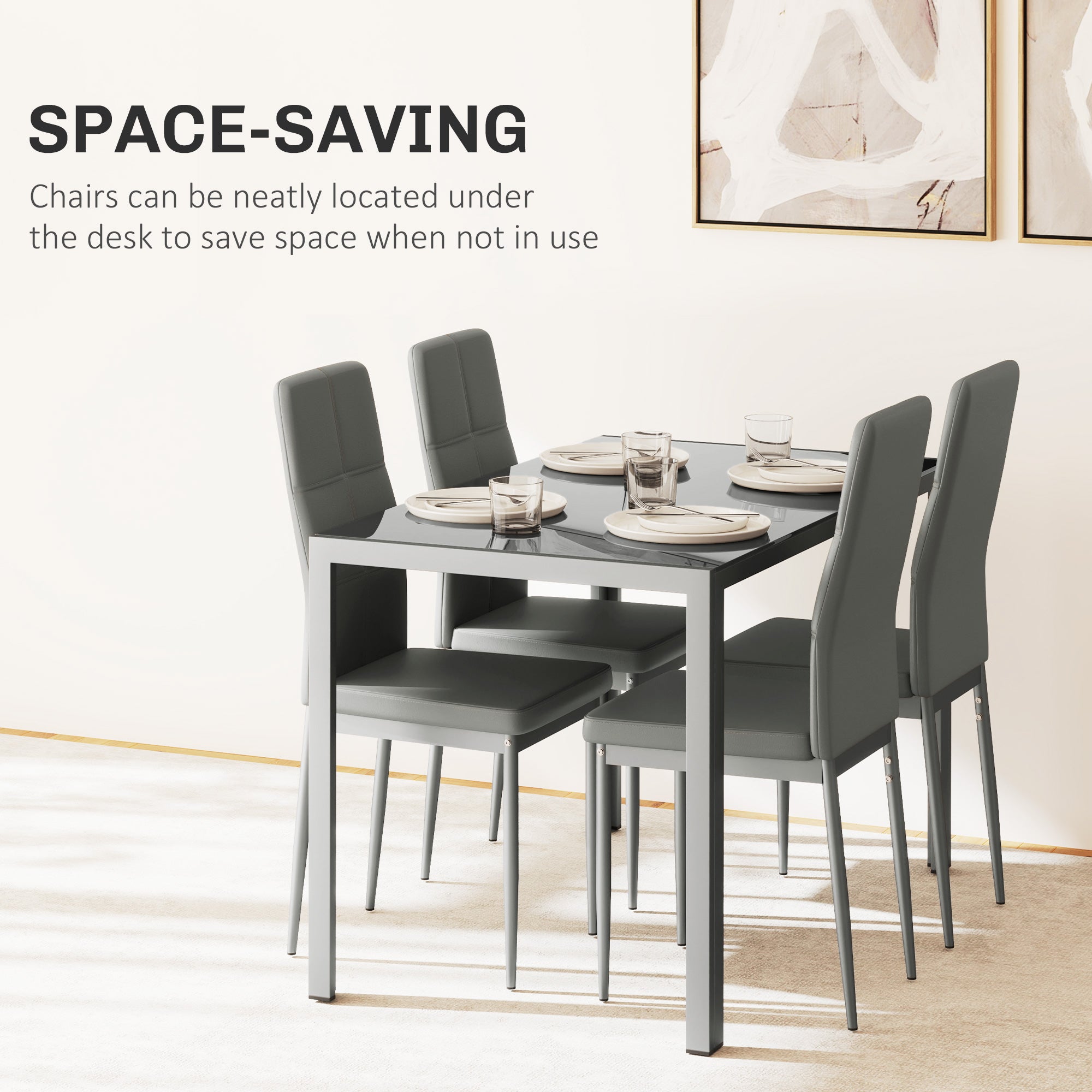 HOMCOM 5-Piece Kitchen Dining Table Set with 4 Faux Leather Metal Frame Chairs Glass Tabletop Desk for Dining Room, Kitchen, Dinette, Grey 