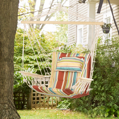 Outsunny Hanging Hammock Chair Swing Chair Thick Rope Frame Safe Wide Seat Indoor Outdoor Home, Patio, Yard, Garde Spot Stylish Multi-Color Stripe 