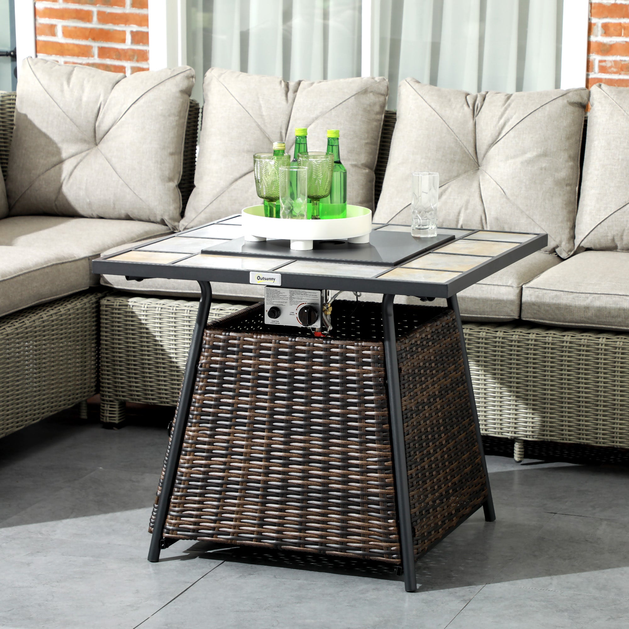 Outsunny Square Outdoor PE Rattan Fire Pit TableGas Burner Heater w/ Control Panel, Slate Top, Lid and Lava Rocks, 50,000 BTU 
