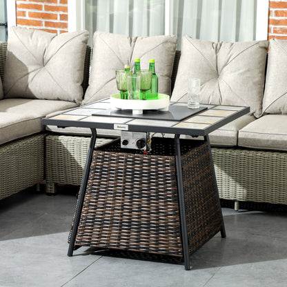 Outsunny Square Outdoor PE Rattan Fire Pit TableGas Burner Heater w/ Control Panel, Slate Top, Lid and Lava Rocks, 50,000 BTU 