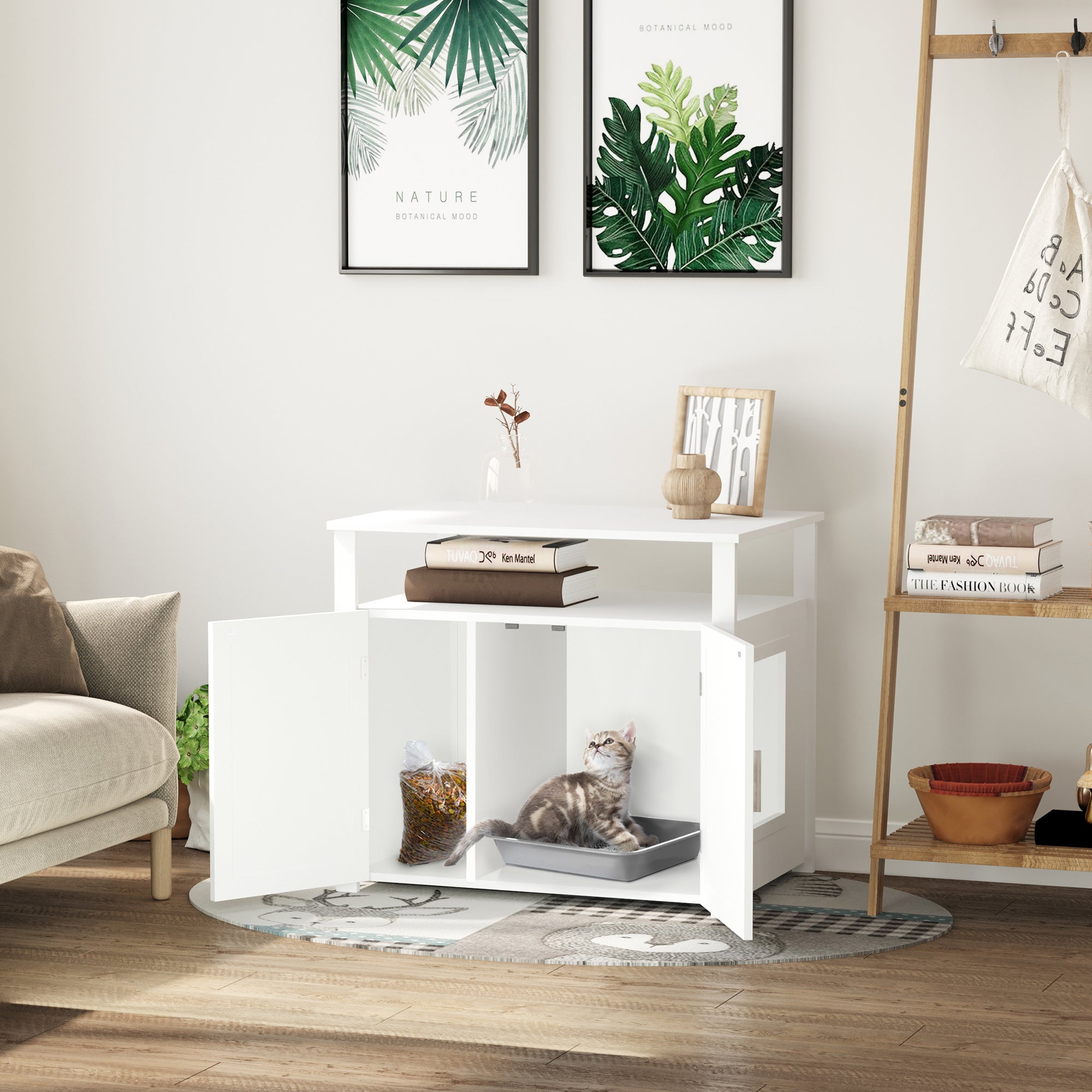 PawHut Wooden Cat Litter Box Enclosure Furniture with Adjustable Interior Wall & Large Tabletop for Nightstand, White 