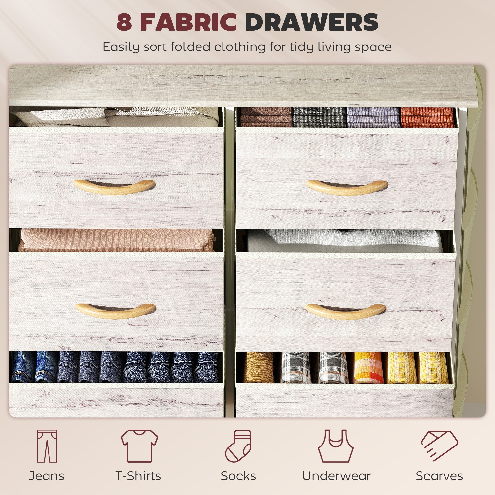 HOMCOM Chest of Eight Fabric Drawers - Natural Wood Finish