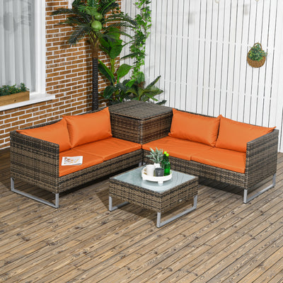 Outsunny Four-Piece Rattan Sofa Set, with Storage Table - Orange/Brown 