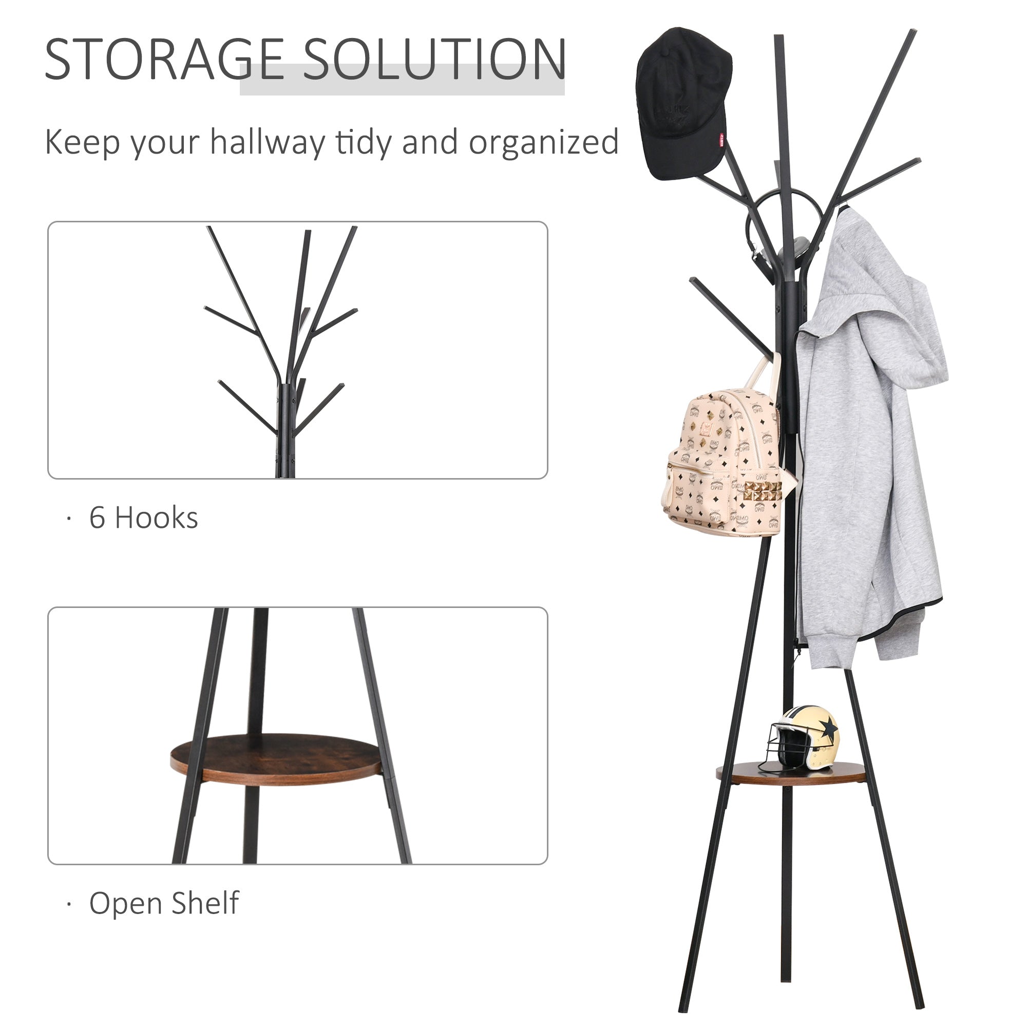HOMCOM Freestanding Metal Coat Rack Stand 9 Hooks Clothes Tree with 1 Shelf Hat Display Hall Tree Hanger Bag Umbrella Hanging Organiser Brown 