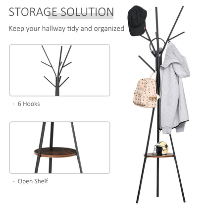 HOMCOM Freestanding Metal Coat Rack Stand 9 Hooks Clothes Tree with 1 Shelf Hat Display Hall Tree Hanger Bag Umbrella Hanging Organiser Brown 