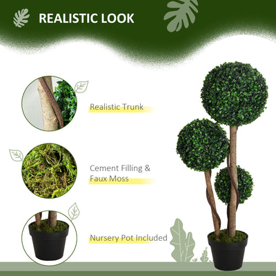 HOMCOM Decorative Artificial Plants Set of 2, Boxwood Ball Topiary Trees in Pot Fake Plants for Home Indoor Outdoor Decor, 90 cm, Dark Green 