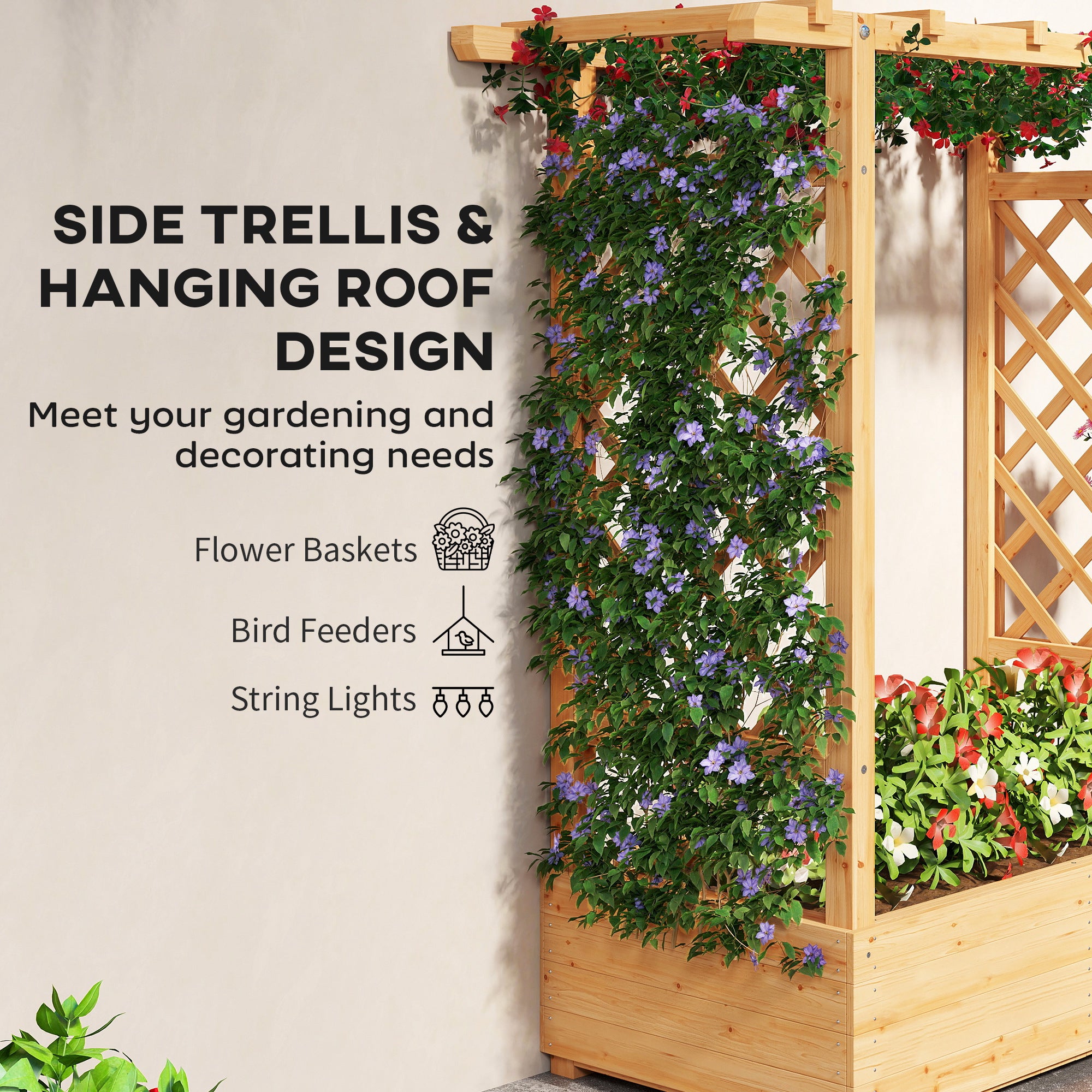 Outsunny Garden Planter with Trellis, Wooden Raised Bed for Garden with Hanging Roof and Drainage Holes, Outdoor Trellis Planter Box for Vegetables, Herbs and Flowers, 110 x 44 x 113 cm, Natural 
