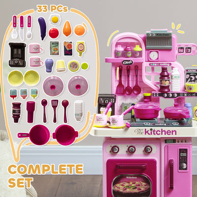 AIYAPLAY Kids Kitchen with 33 Pieces, Lights, Sounds, Storage, for Ages 3-6 Years, Pink 