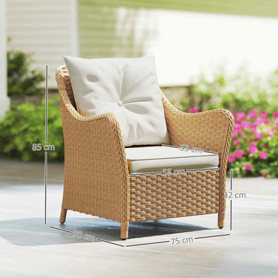 Outsunny Rattan Garden Chairs Set of 2, Outdoor Rattan Chairs with Cushions, Armrests and High Back, PE Wicker Garden Armchair with Steel Frame for Balcony, Porch, Beige 