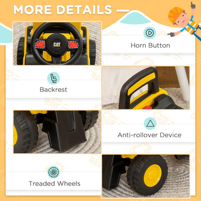 HOMCOM CAT Licensed Kids Construction Ride-On Toddler Digger Excavator Foot-To-Floor Ride-On Toy w/ Manual Shovel, Horn, Hidden Storage, for Ages 1.5-3 Years 
