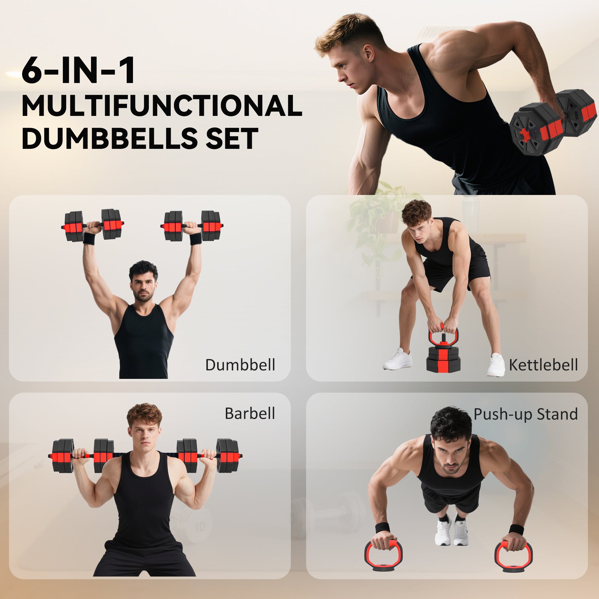 SPORTNOW 6-in-1 Adjustable Weight Dumbbells Set, Used as Kettlebell, Barbell, Dumbbell, Push-Up Stand, 30kg Free Weights Set for Men and Women Home Gym Training, Red 