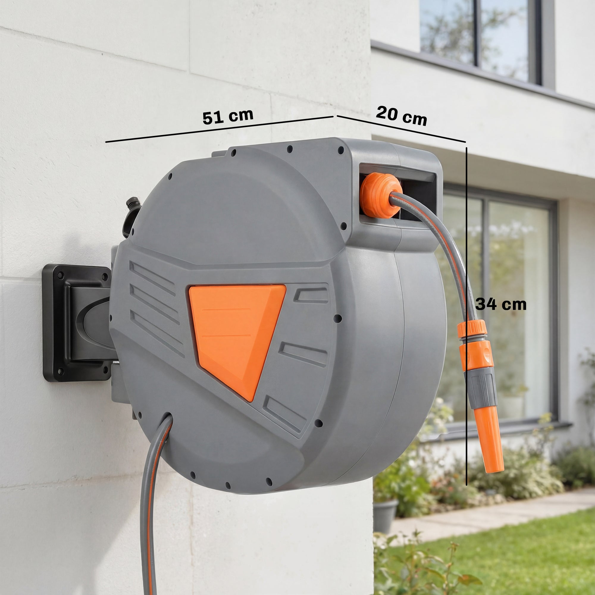 Outsunny Retractable Hose Reel Wall Mounted, 20+1.6m Garden Hose Pipe Reel with Auto Retraction, Self-Locking, Orange 